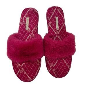 Victoria Secret Signature Fushsia/ Pink & White Fuzzy Satin Slippers